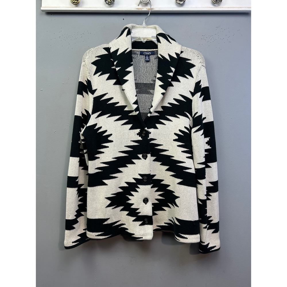 Chaps Cardigan‎ Womens L Black White Geometric Southwest Shawl Collar Knit Aztec